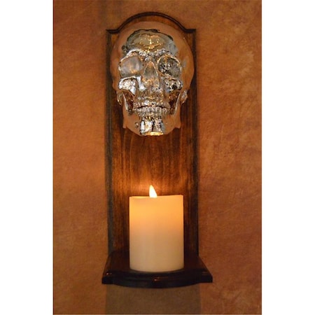 Fuego Wall Sconce, Chromed Skull at Top of Wood Frame with 4 in. White Flameless Candle FU2487607